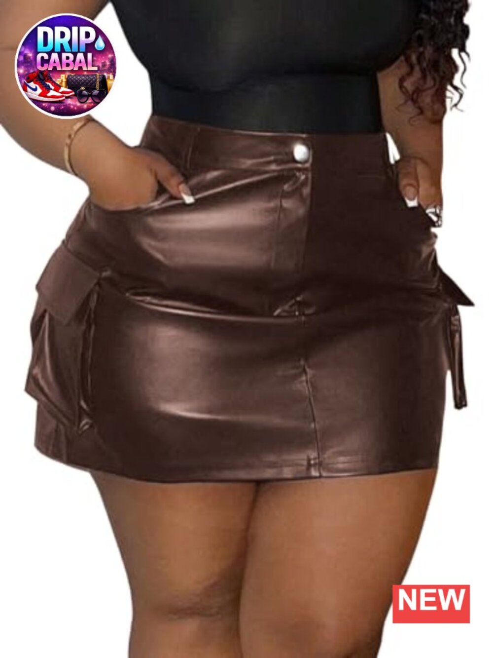 Plus Size PU Leather Mini Skirt Cargo High Waist Flap Pockets Streetwear